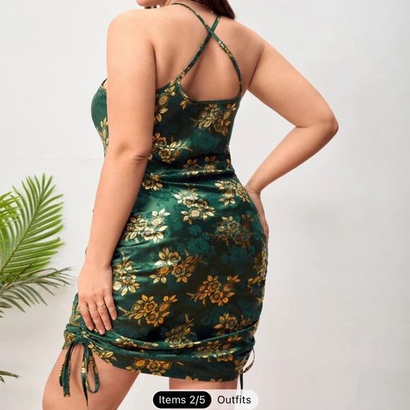 Shein Plus Gold Floral Print Drawstring Crisscross Satin Cami Dress - Picture 2 of 4